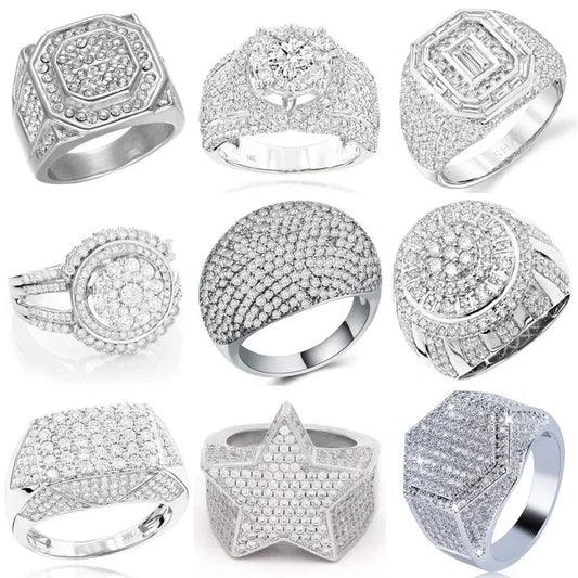 Hip Hop Style Trendy Men Rings, Iced Out Bling Cubic Zirconia Geometry Ring.
