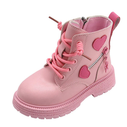Girls Boots Kids Fashion Rubber Autumn and Winter, Cotton Soft Sole Pink with Love, Side Zip Princess Round-toe.