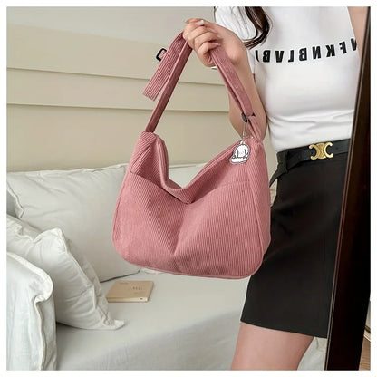 Women's Corduroy Shoulder Bag | Casual Striped Large Capacity Tote with Zipper (Cute Hat Patch, Everyday Use)