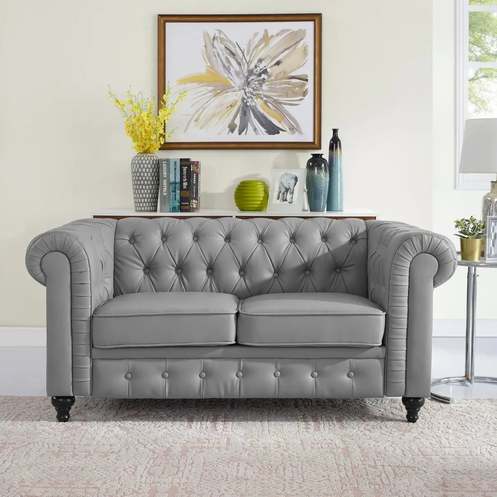 2pc Modern Tufted Faux Leather Living Room Sofa Set With Button & Nailhead Trim Scroll Arms, Grey, Customized