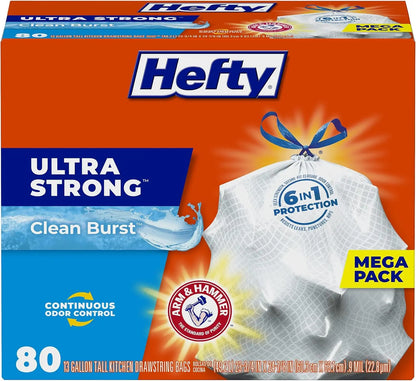 Ultra Strong 13 Gallon Kitchen Trash Bags with Drawstring Closure, Odor Control, Clean Burst Scent, 80 Count.
