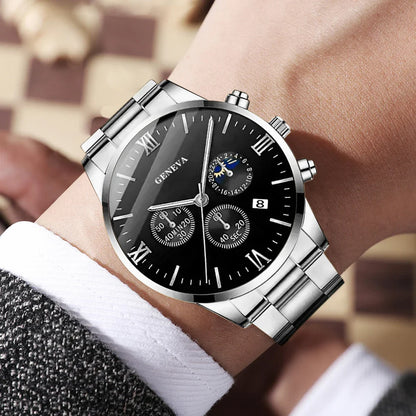 4PCS Men's Watch Set Quartz, Cross Pendant Necklace, Ring, Bracelet Set Perfect Gift for Him!!