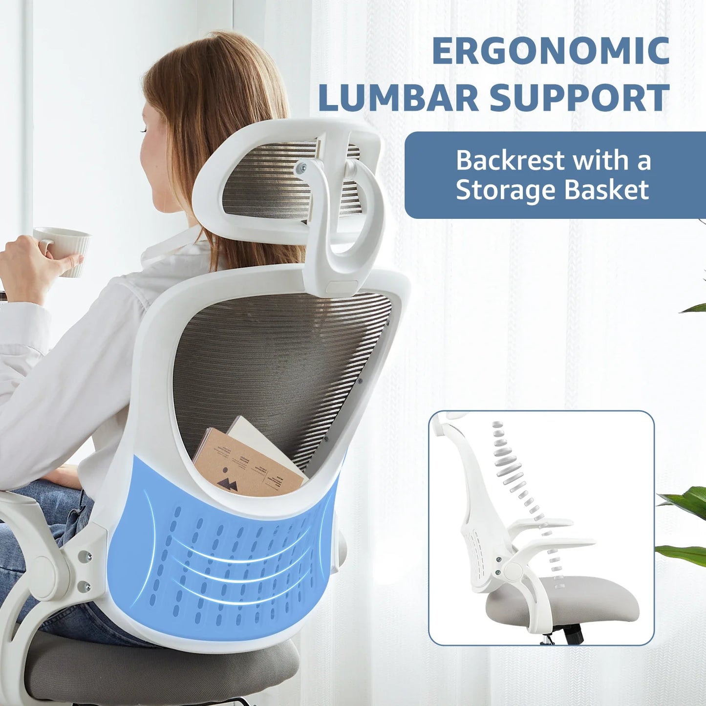 JHK Mesh Ergonomic Office Computer Desk Chair, Flip-up Arms, Adjustable Headrests.