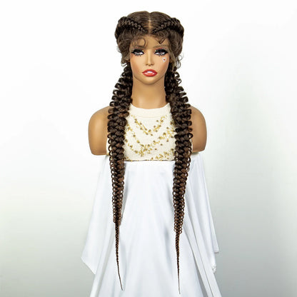 1B/30 Dark Brown Dutch Box Braids Wig | Synthetic Lace Frontal | Fishtail Braids | With Baby Hair | For Black Women