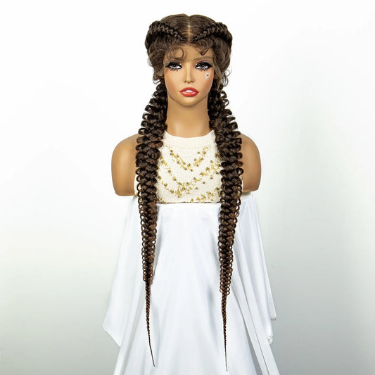 1B/30 Dark Brown Dutch Box Braids Wig | Synthetic Lace Frontal | Fishtail Braids | With Baby Hair | For Black Women