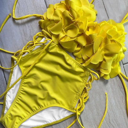 3D Flower Bikini Set  Low Waist Swimwear , Women Solid , Sexy Beach Wear Female.