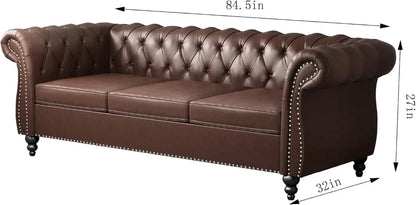 3-Piece Chesterfield Leather Sofa Set, with Scroll Arms & Nail,Head Trim, Dark Brown Living Room Furniture.