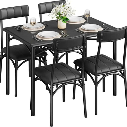 5-Piece Industrial Dining Table Set, Compact Kitchen Table & 4 Padded Chairs, Dining Room Furniture Set for Small Space.