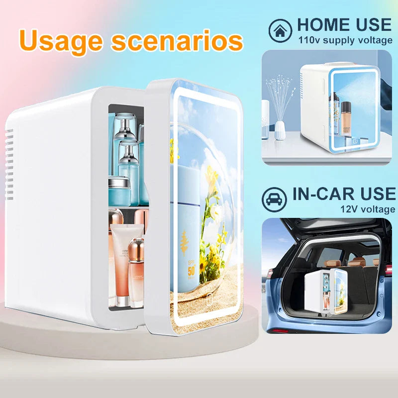 6L mirror beauty makeup refrigerator, skin cosmetics care hot and cold storage, portable LED mini refrigerator.