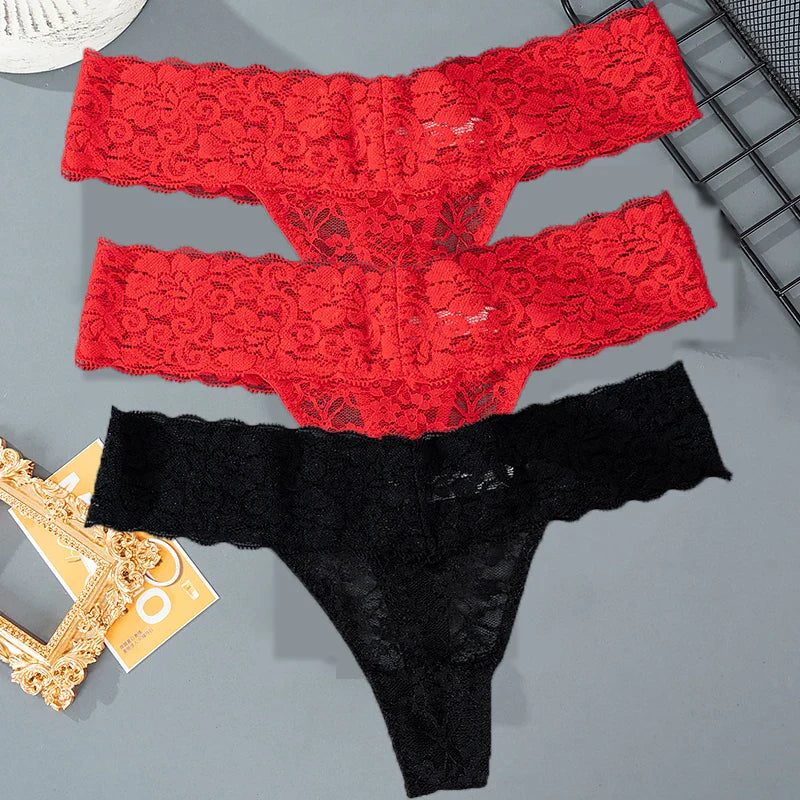 3PCS Lace Floral Women Panties ,Low Waist Breathable Briefs Female Thong Underwear M-2XL Sexy G-String Transparent Panty.