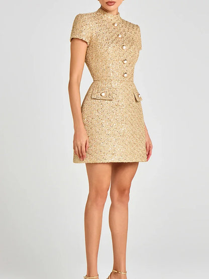Elegant Dress for Women Vintage Short Sleeve Dresses, Solid Button Stand Collar Mini 2026 New Spring Summer Dress