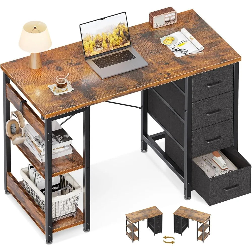 40 Inch Compact Computer Desk with 4 Fabric Drawers, for Small Spaces.