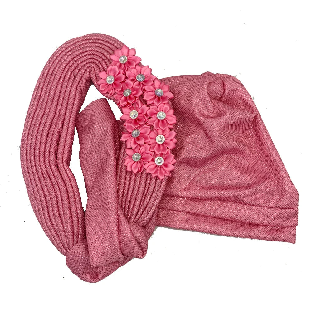 Red Multi-Layered, Turban Hat African Fan Shaped Head Wraps ,Pleated Headwear With Crystal.
