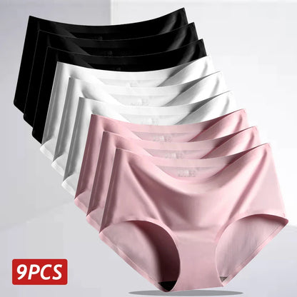 9PCS Ice Silk Seamless Panties For Women, Mid Rise Intimate Breathable Large Size Lingerie.