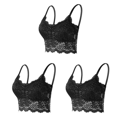 3PCS Women's Lace Top Comfortable Bralette, Solid Color Underwear Vest.