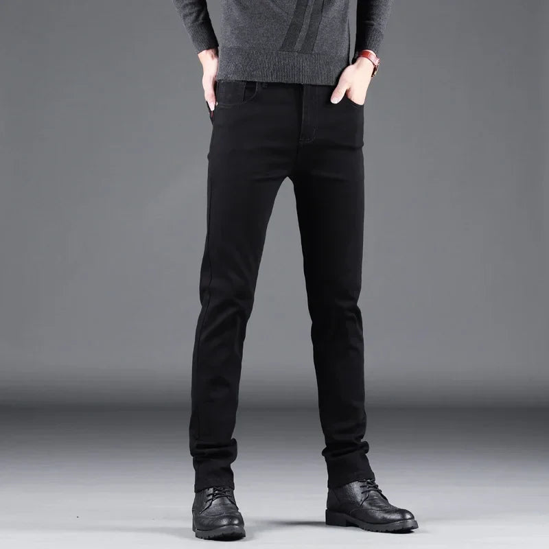 New Men Pure Black Slim Jeans, Elastic Pants Business Fashion Leisure Denim Pants.