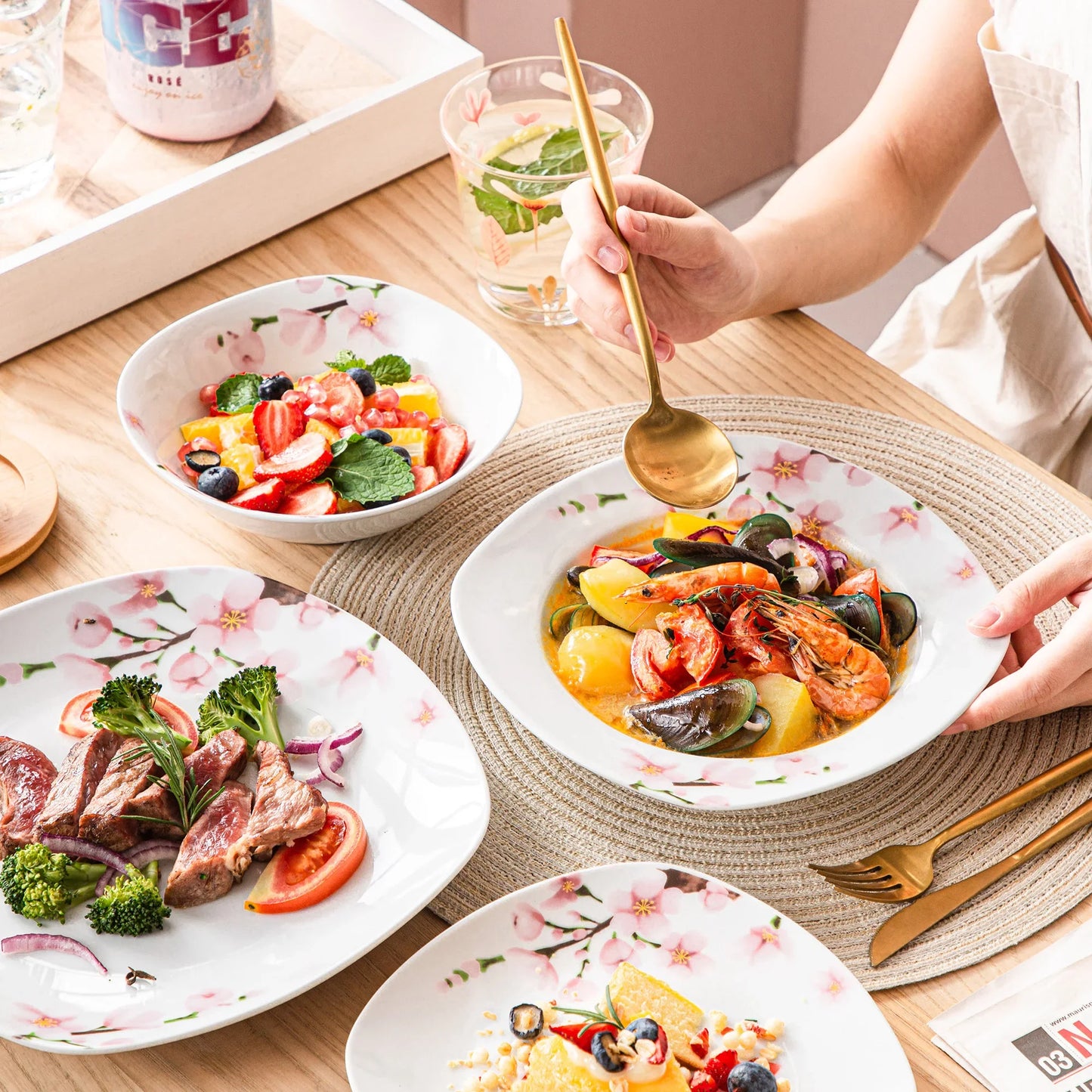 48-Piece Porcelain Ceramic Tableware Dinner Plate Set with Bowl, Dessert Plate, Soup Plate, Dinner Plate for 12 Person.