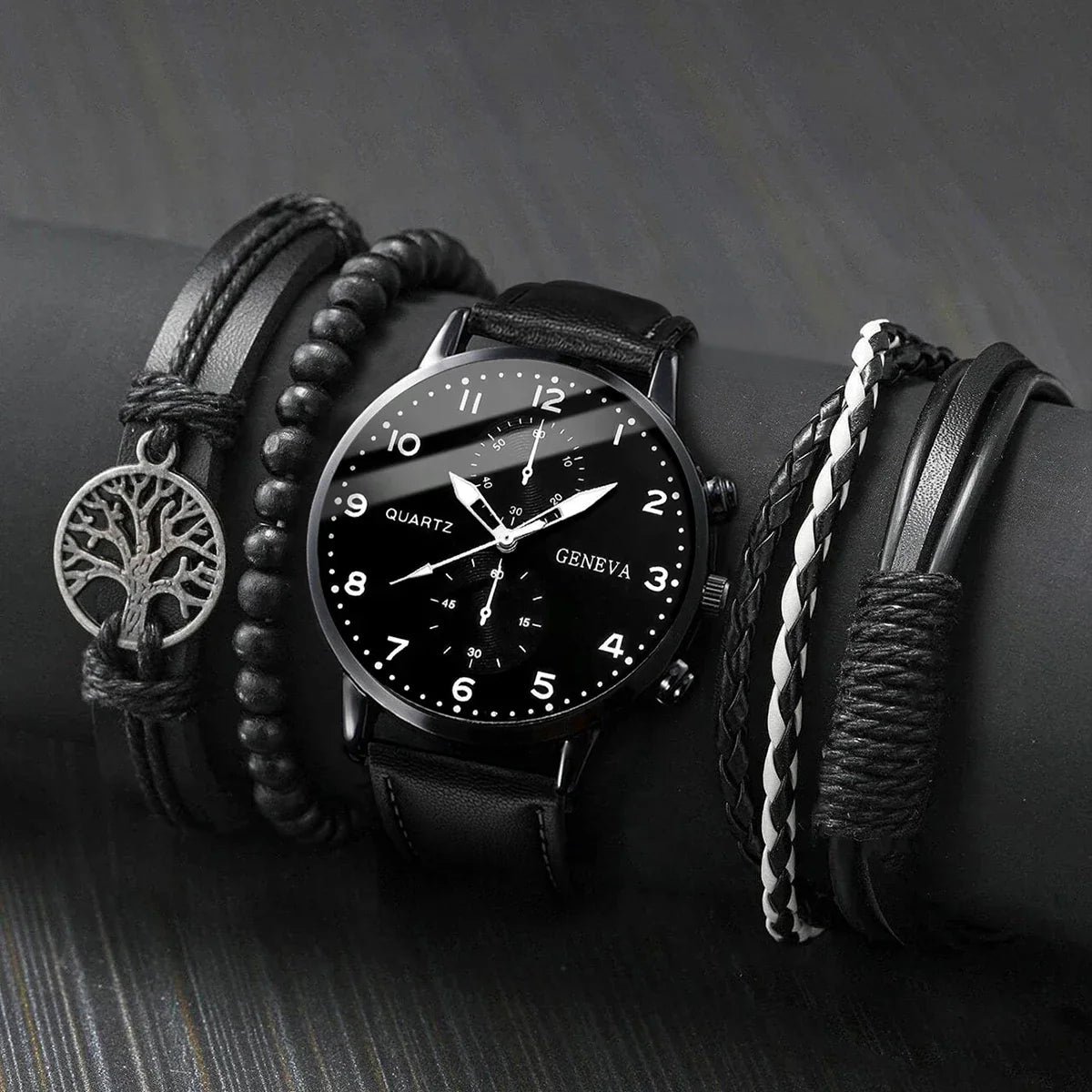 5PCS/Set Men's Watch, Arabic Dial Analog Quartz Watches, Vintage Leather Bracelets Set.