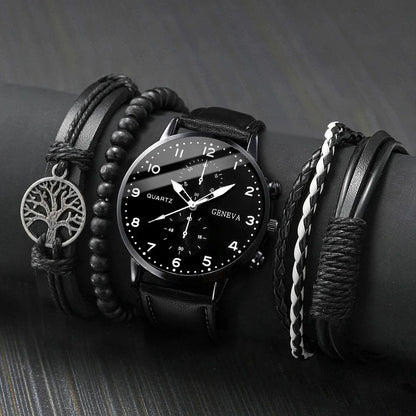 5PCS/Set Men's Watch, Arabic Dial Analog Quartz Watches, Vintage Leather Bracelets Set.
