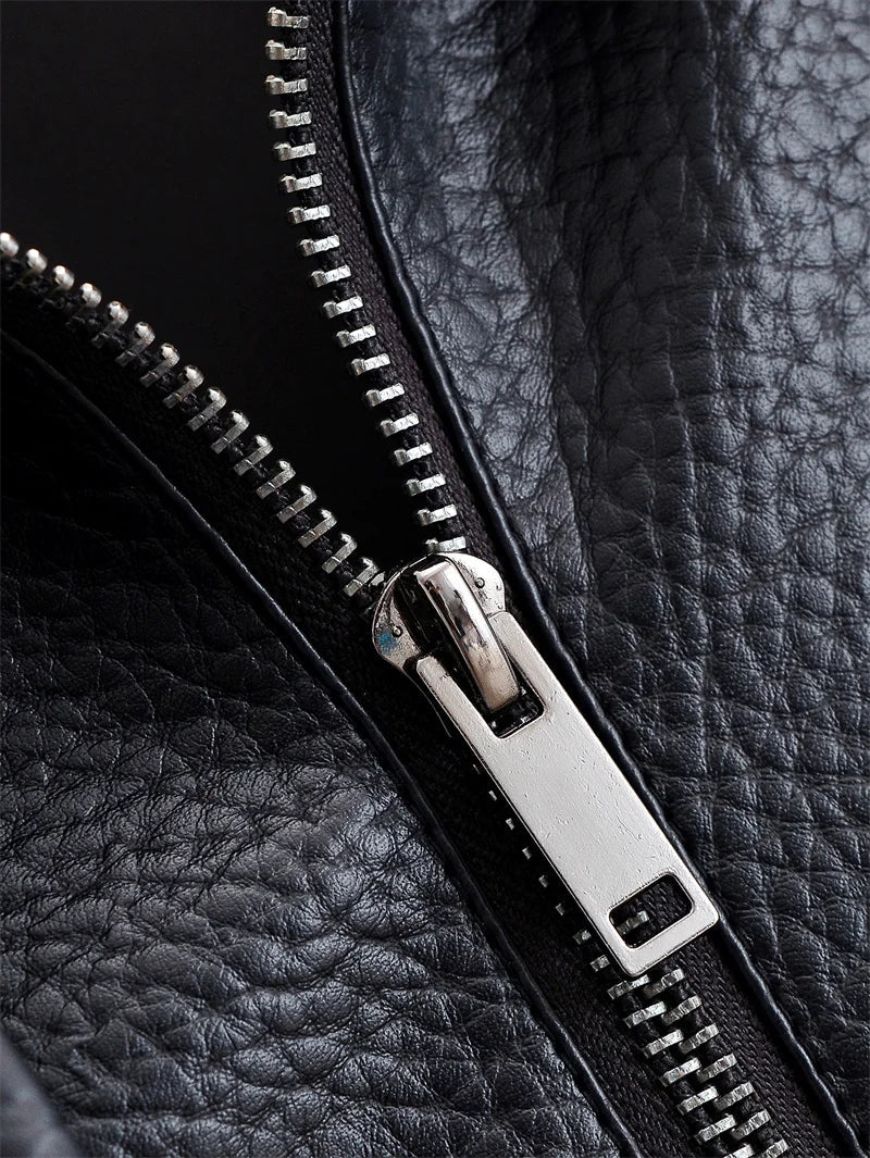 Women Fall 2025 New Black Long Sleeve Pebble Faux Leather Jacket.