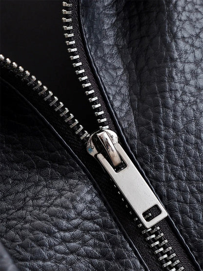 Women Fall 2025 New Black Long Sleeve Pebble Faux Leather Jacket.