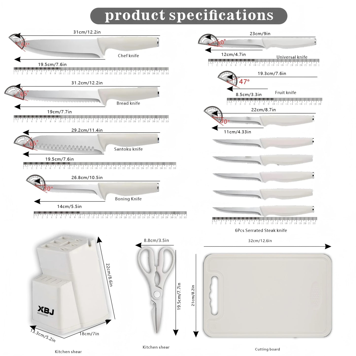 15-piece kitchen stainless steel knife set with knife holder, space-saving storage, full handling of ingredients.
