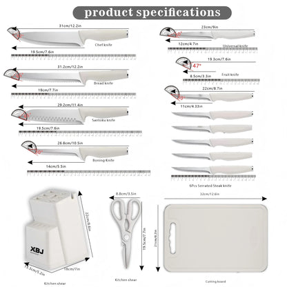 15-piece kitchen stainless steel knife set with knife holder, space-saving storage, full handling of ingredients.