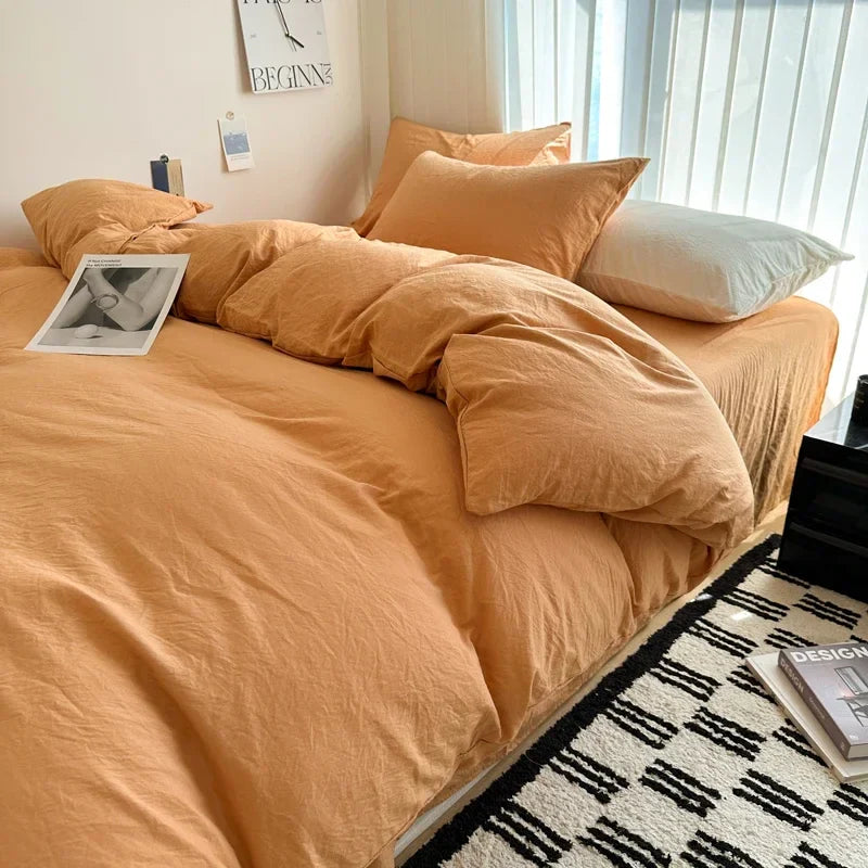Bed Linen Solid Cotton Bedding Set, with Sheet, Duvet Cover, Pillowcases. Single Couple Bedsheet King, Queen Double Twin Size