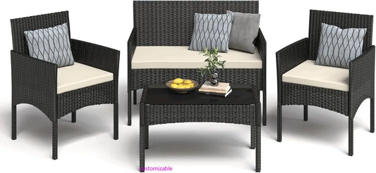 4 Pieces Patio Furniture Set, Outdoor Wicker Rattan Patio Conversation Furniture Set.
