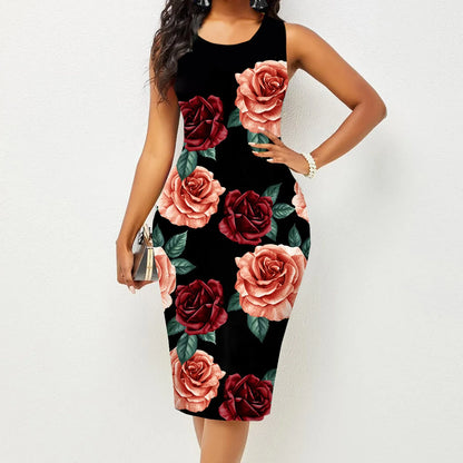 Spring and Summer, New Fashion Women Sleeveless Wrapped Hip Print Dress.