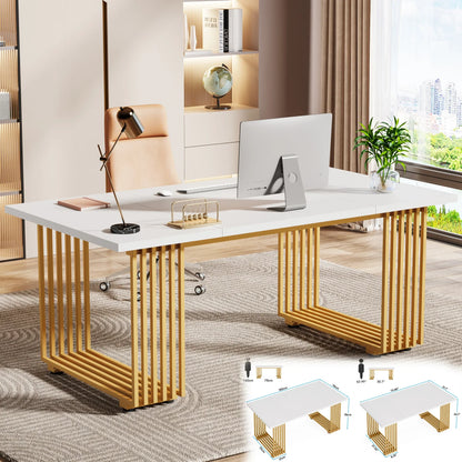 Modern Office Desk, 70.9" Wooden Computer Desk, Executive Desk with Gold Metal Legs, Large Workstation Home Office.
