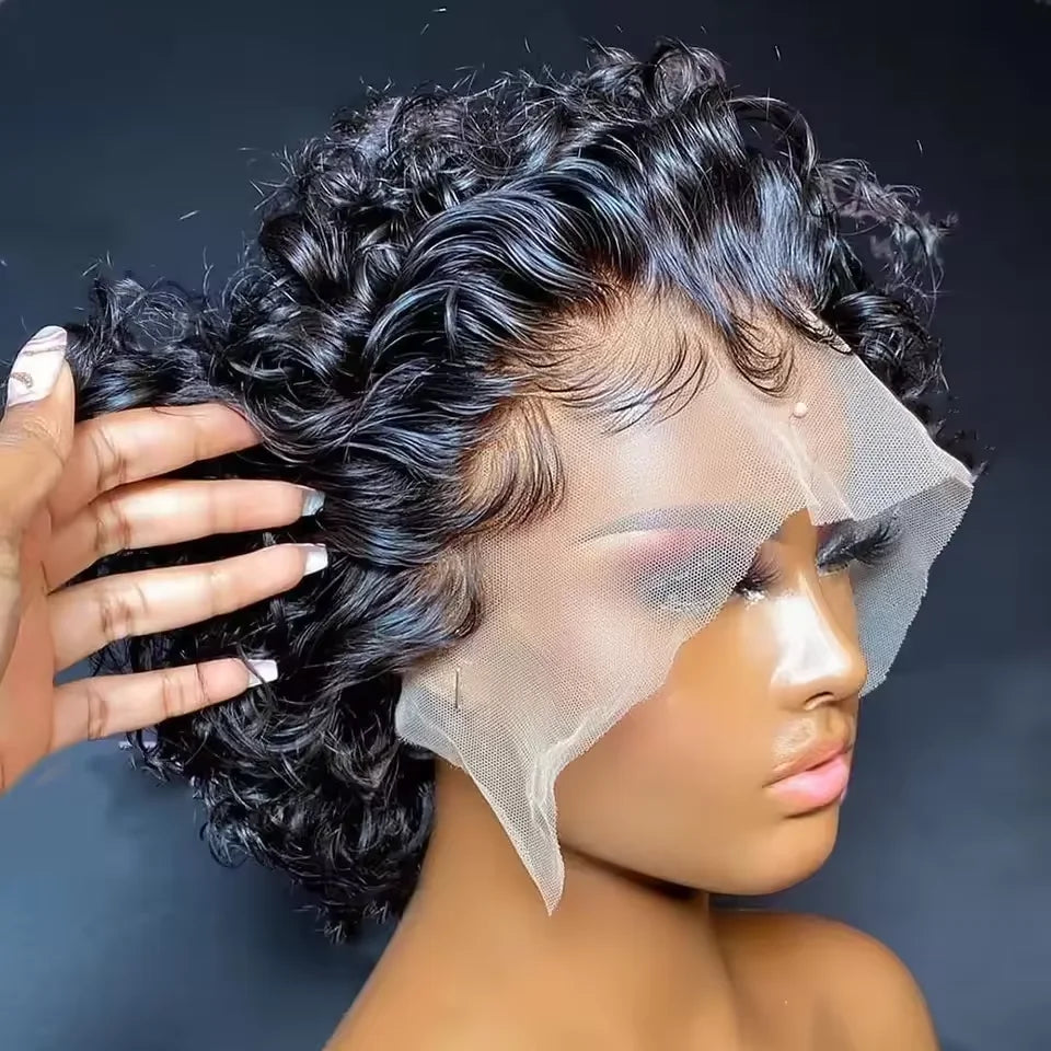 Short Pixie Cut Wig Curly Bob Lace Front Human Hair  200Density 13X1 Lace  Brazilian Wig