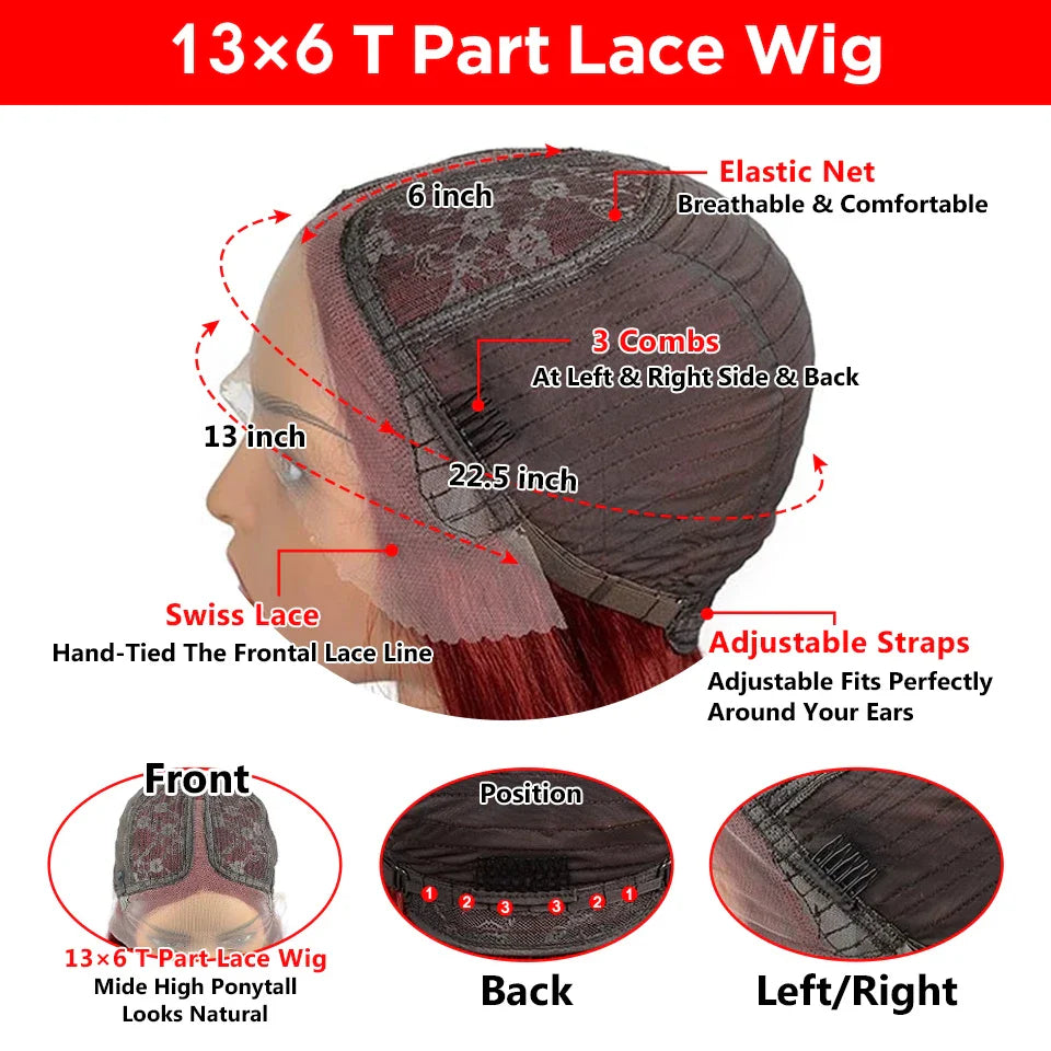 Brazilian  HD Transparent Short Bob Human Hair Wigs Highlight Burgundy 99J Straight