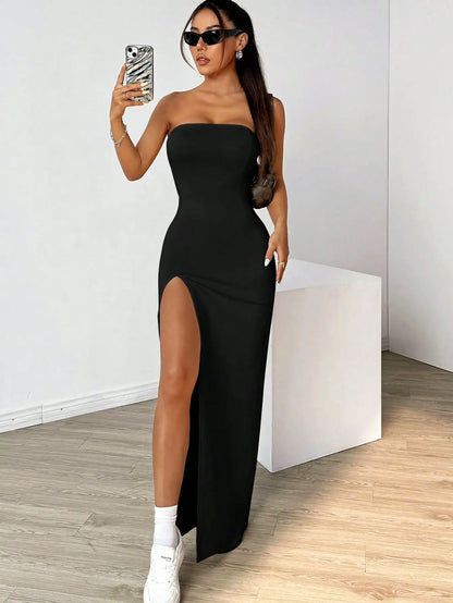 Elegant ladies strapless camisole, simple basic solid color long dress, casual, semi-formal occasions,