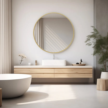 Large Gold Round Vanity Framed Mirror for Wall  Metal Framed 30 Inch  Mirror Tempered Glass