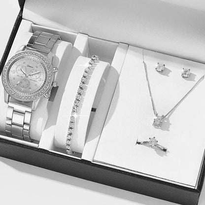 Women Quartz Watch Luxury Diamonds, Simple Stainless Steel Strap, Ring, Necklace, Earrings.