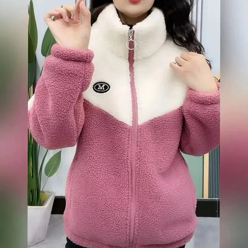 Women Jacket Thickened Lamb, Fleece Long Sleeve Mid Length Overcoat.