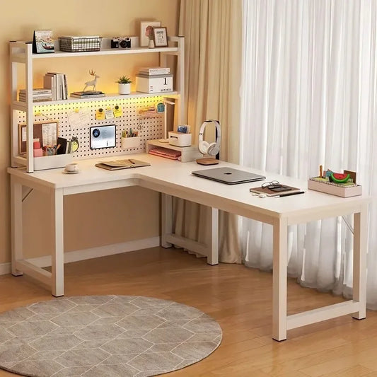 L Shaped Computer Desk, Home Office Desk with 2 Drawer and Bookshelf.