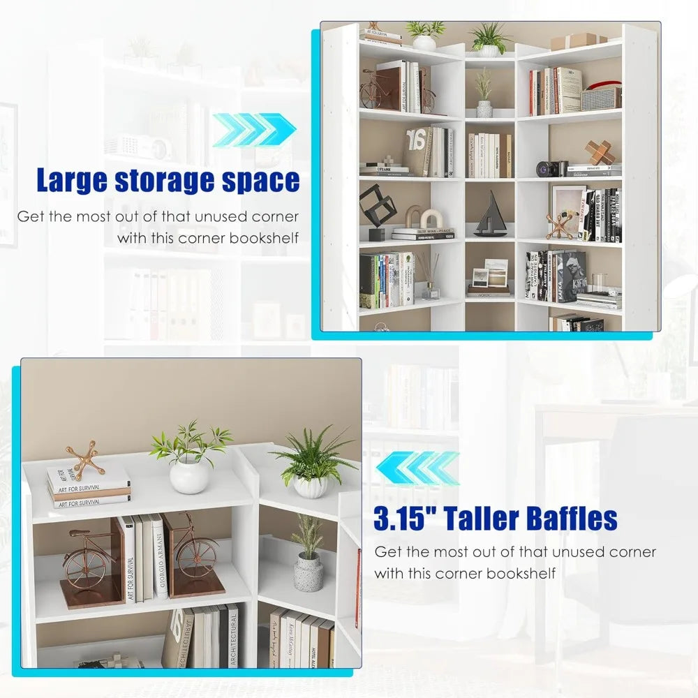 70.8" Tall Corner Bookshelf, 7-Tier L-Shaped Storage Rack, with Baffle for Home Office Living Room.