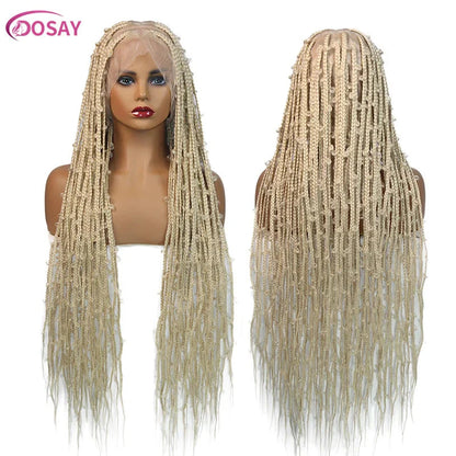 36" Butterfly Braided Full Lace Wig | Honey Blonde & Burgundy Goddess Locs | Synthetic Box Braids | Transparent Lace
