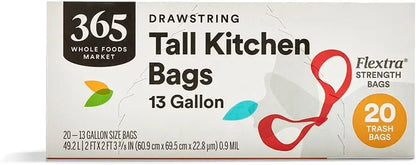 Extra Strong 13 Gallon Drawstring Kitchen Trash Bags, 20 Count - Puncture Resistant & Secure Fit.