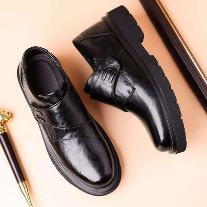 Casual Breathable Business Men Leather Shoes, Thick Bottom Slip-On Trendy Rubber Sole.