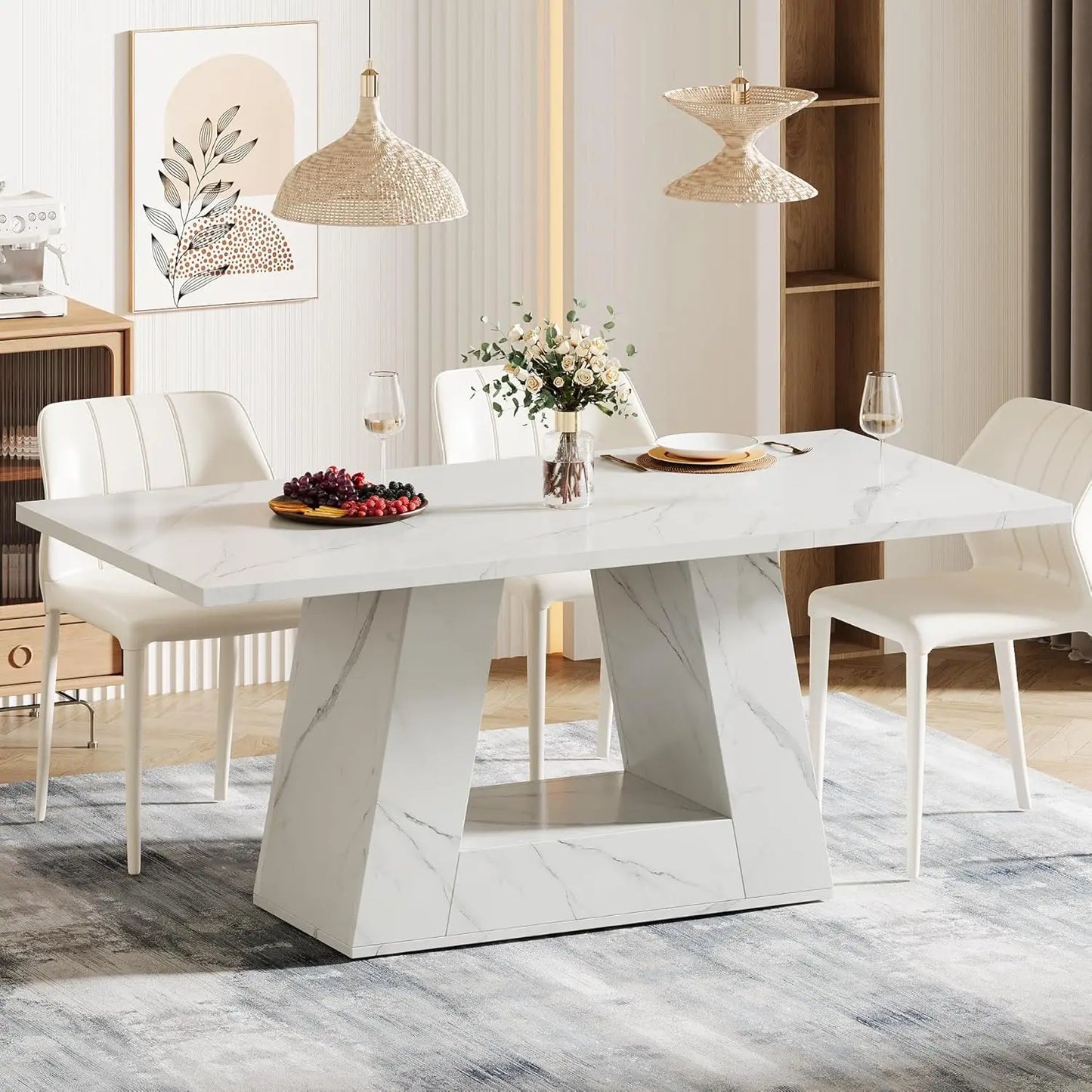 Dining Table for 4 to 6 People, 63" Rectangular Dining Room Table, Modern Wooden Faux Marble Dinner Table with Sturdy Base