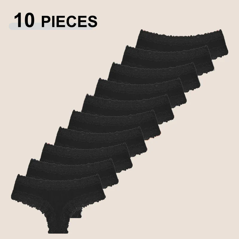 10PCS/Set Women Lace Cotton Panties, Sexy Low-Waist Brazilian Panties, Solid Color Female Underwear.
