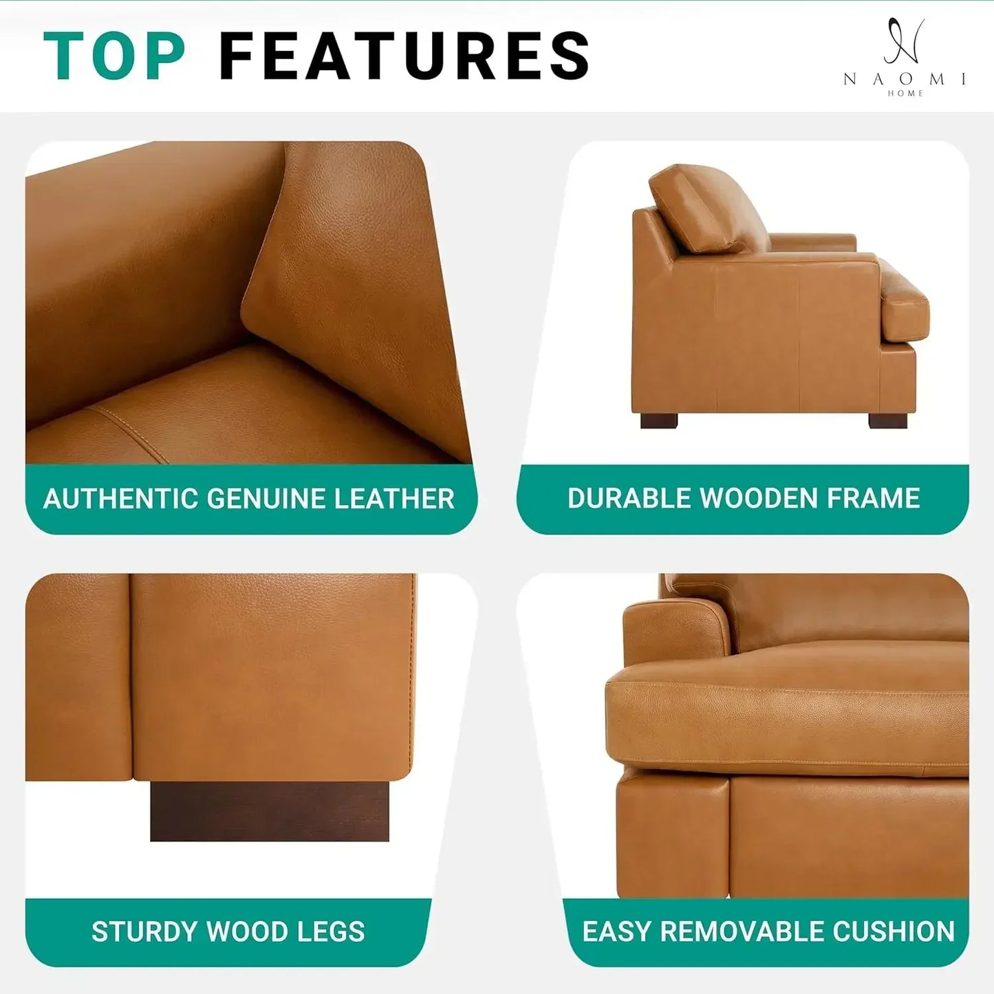 Genuine Leather Sofa Set of 3, Luxurious Comfortable Goose Feather Cushion Filling, Square Arm Design.