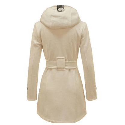 New Plaid Hooded Woolen Coat, Waist Belt Double Row Buttons, Mid-Length Outerwear.