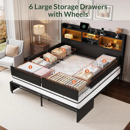 Queen Size Wooden Bed Frame with 6 Drawers, Headboard, LED Lights & Charging Station, No Box Spring Needed, Black.