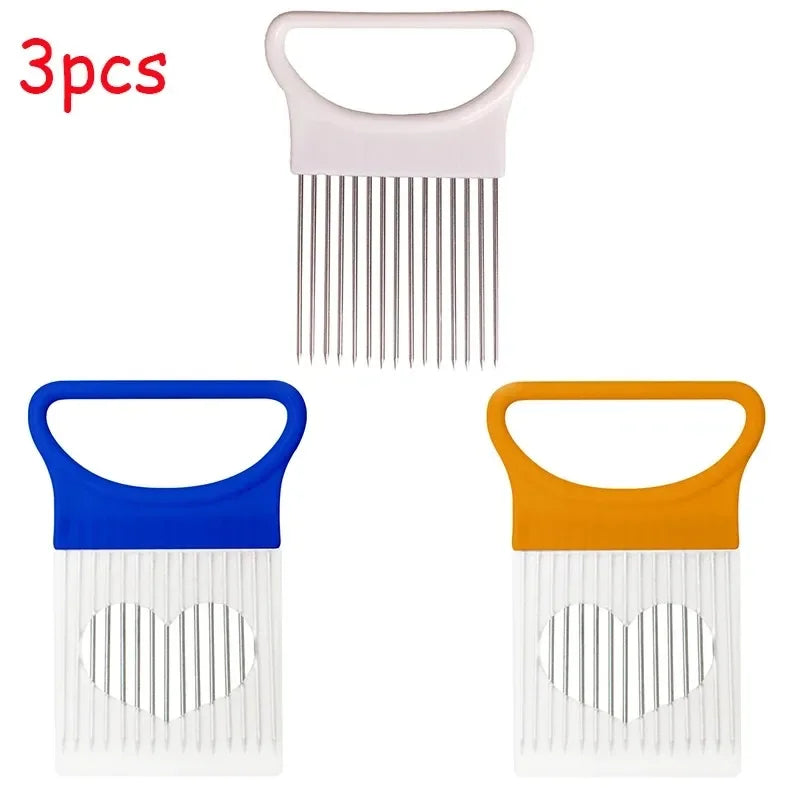 1/2/3/4pcs Effortlessly, Slice Onions with this 1pc Colorful Onion Slicer stainless steel potato chip onion holder.