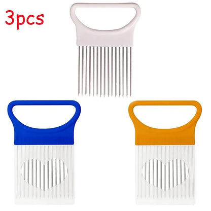 1/2/3/4pcs Effortlessly, Slice Onions with this 1pc Colorful Onion Slicer stainless steel potato chip onion holder.