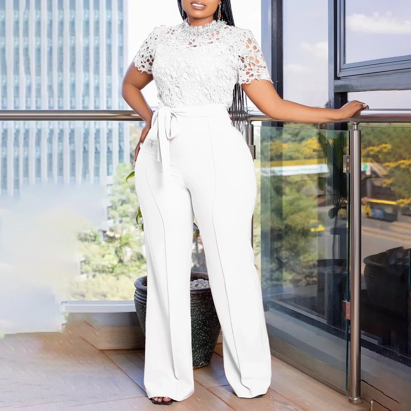 Elegant Jumpsuits & Rompers for Women, O Neck Lace Patchwork Short Sleeve Sashes High Waisted.